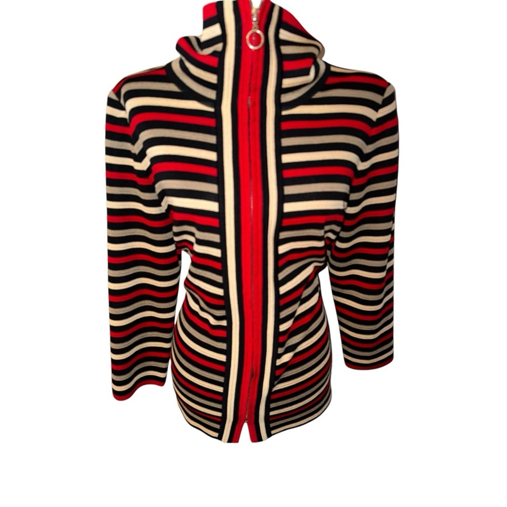 Exclusively Misook 3/4 Sleeve‎ Multi-Striped Zip-Front Cardigan Jacket LG Ladies